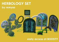 there are many different items in this set, including trees and bushes on the floor