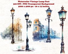 watercolor vintage lampposts and street lamps in the city with trees on each side