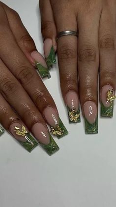 Nail Inspo Maximalist, Maximalist Nail Art, Green Nails With Butterflies, Tiana Inspired Nails, Green Nails Classy, Maximalism Nails, Tiana Nails, Green Butterfly Nails, Nails Maximalist