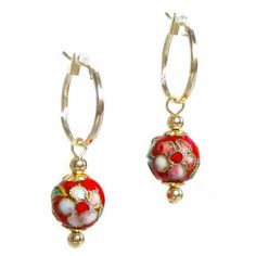 "Gorgeous red Cloisonne bead lever back earrings.      Bead: brass red Cloisonne beads decorated with beautiful flower patterns      Bead measurement: approx. 10mm in diameter      Metal: variable: 14K yellow gold, gold plated 925 sterling silver or 925 sterling silver      Earring measurement: 1 1/2\" in length including the lever back      Hoop measurement:  variable           14K Gold: 15mm (diameter) X 1.25mm (tube thickness)           Silver with gold plating: 15mm (diameter) X 1.5mm (tube thickness)           Silver: 15mm (diameter) X 1.5mm (tube thickness) Actual pearls and Cloisonne beads may vary in color, size and shape." Earrings Bead, Gold Rings Simple, Tahitian Black Pearls, Leather Corded Necklace, Yellow Gold Pendants, Silver Earring, 925 Sterling Silver Earrings, Beautiful Flower, Gold Gold