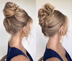 High Up Wedding Hair, Mother Of Bride High Updo, High Messy Bun Bridal Hair, Bridal Hair Up Front View, High Hair Wedding Updo, High Up Do Bridesmaid Hair, Middle Parting Updo, Updo Top Of Head, Classy High Bun Hairstyles