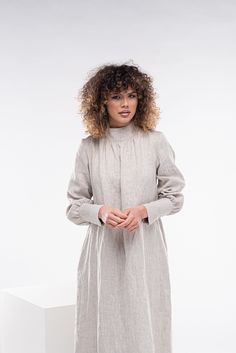 "Absolutely beautiful victorian dress with cuff sleeves with buttons, a high neckline, and side pockets. The closure is with a hidden zipper on the back. This model linen dress is suitable for every body shape and size, and is a must-have piece for your style. The model in the picture is 176cm. ⅼ 5.8 ft. tall and is wearing size S / Color: Natural Beige 🌟 INFO: * Worldwide EXPRESS shipping - please provide a phone number for shipping documents * US Sizing XS to 4XL -  size chart available below- all measurements of the body 🌟 MATERIAL & CARE * fabric:  100% linen * hand wash * cold water 30 degrees * iron at medium temperature 🌟 🌟 🌟 SIZE CHART 🌟 🌟 🌟 SIZE XS Bust: around 33.5\" / 85cm Waist: around 26\" / 66cm Hips: around 36\" / 91 cm SIZE S Bust: around 35.5\" / 90 cm Waist: aroun Shipping Documents, Plus Size Linen, Natural Linen Dress, Linen Dress Women, Dress Bohemian, Linen Clothing, Dress Linen, Linen Maxi Dress, Great Lengths