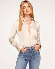 SANDSTONE|1 Button Down Women, Black Candy, Ramy Brook, Button Down Blouse, New Wardrobe, The Rise, In Design, Wardrobe Staples, Size Guide