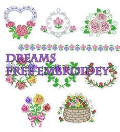 embroidery designs with the words dreams, free - embroishments and flowers on them