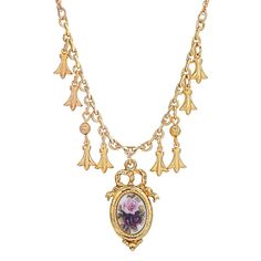 Featuring an oval pendant with pink and purple flowers on an ivory colored background and framework, this Manor House Necklace from 1928 is an elegant addition to any jewelry collection. Featuring an oval pendant with pink and purple flowers on an ivory colored background and framework, this Manor House Necklace from 1928 is an elegant addition to any jewelry collection. Metal: alloy Length: 16 in. with 3-in. extender Plating: gold tone Finish: polished Clasp: lobster claw Material: acrylic Pend Vintage Pink Oval Pendant Jewelry, Vintage Pink Oval Necklace, Antique Oval Necklaces With Charms, Vintage Jewelry With Oval Pendant Charms, Antique Gold Oval Pendant Necklace With Vintage Charm, Antique Gold Necklaces With Vintage Charm And Oval Pendant, Antique Gold Oval Necklace With Vintage Charm, Antique Gold Necklace With Vintage Charm Oval Pendant, Antique Gold Necklace With Oval Pendant And Vintage Charm