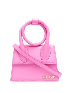 Le Chiquito Nœud mini bag from JACQUEMUS featuring pink, leather, gold-tone logo lettering, foldover top with magnetic fastening, main compartment, single rounded top handle and adjustable detachable shoulder strap. Jacquemus Le Chiquito, Spring Handbags, Jacquemus Bag, Miu Miu Bag, Suede Tops, Givency Antigona Bag, Pink Suede, Balenciaga City Bag, Tote Bag Design