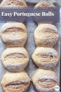 several pastries sitting on top of a piece of wax paper with the words easy portuguese rolls