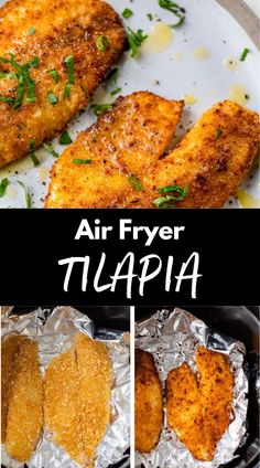 air fryer recipe for chicken fillets in a pan with text overlay that reads, air fryer tilapia