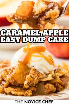 caramel apple easy dump cake on a plate with ice cream and caramel sauce