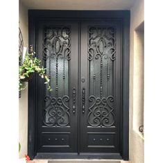 wrought iron double entrance door with water cubic glass Entryway Double Doors, Double Iron Doors Entrance Front Entry, Iron Door Design Front Entry, Frosted Glass Front Door, Redecorate Room, Front Double Door, Front Door White, Exterior Windows, Main Doors