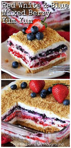 red, white and blue mixed berry cake with crumbs on the edges is shown