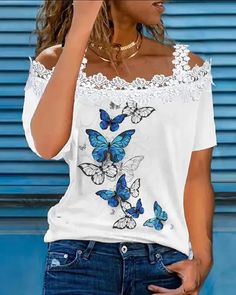 Lasaky - Off-the-Shoulder Crochet Lace Butterfly Print Top Crochet Lace Butterfly, 2023 Clothes, Beautiful Tops, Lace Butterfly, Cruise Trip, Jersey Tops, Cold Shoulder Lace, Crochet Lace Top, Trendy Tops For Women