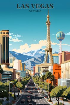 the las vegas nevada poster is shown in front of mountains and palm trees, with cars driving down it