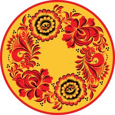 a red and yellow flowered design on a white background in the center of a circle