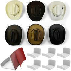 six different types of hats and chairs with one white chair in the middle next to them