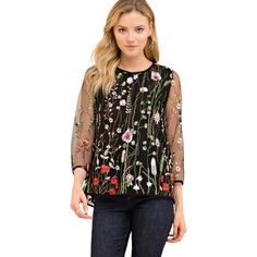 The Embroidery On This Fabulous & Floral Double Layer Top Makes Us Smile. It Features A Scoop Neck, Sheer 3/4 Sleeves, Eyelets With Self Tie Criss Cross Detailing On Back And Colorful Embroidery On The Top Layer. * Small Bust 36" Length 26" , Medium Bust 38" L 26" * Large Bust 40" Length 26" * 100%Polyester 8307 Black Long Sleeve Embroidered Top With Floral Print, Fall Black Top With Floral Embroidery, Elegant Embroidered Top With Resham For Spring, Black Embroidered Top For Spring, Spring Floral Embroidered Top With 3/4 Sleeve, Floral Embroidered Top With 3/4 Sleeves For Spring, Spring Blouse With Floral Embroidery And 3/4 Sleeves, Black Long Sleeve Top With Intricate Embroidery, Black Embroidered Long Sleeve Top For Spring