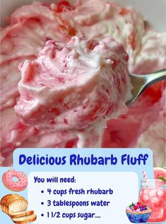 a close up of a spoon with food on it near a sign that says delicious rhubarb fluff