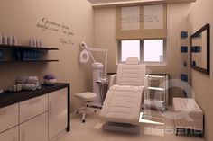 a modern dental room with white chairs and medical equipment