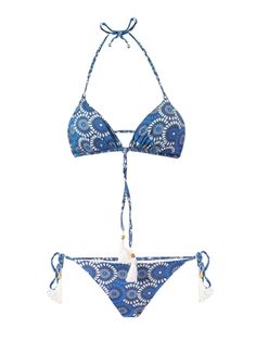 "MODEL: SIOUX DNFL61 «¾ Triangle Bikini «¾ Color: Denim floreal print «¾ Triangle cups «¾ Slip with side laces «¾ Tassel Details «¾ Composition: 90% Polyamide 10% Elastan&nbsp " | MC2 Saint Barth Women's Flower Denim Print Triangle Bikini in Blue | SS17 Denim Print, Swimsuits Outfits, Saint Barth, Summer Swim Suits