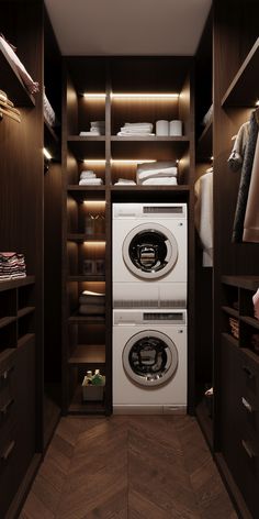 a washer and dryer in a walk - in closet with wooden flooring