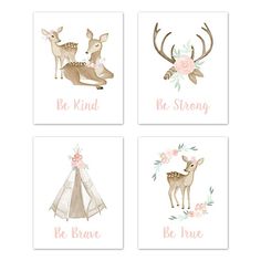 four prints with deer and teepees on them