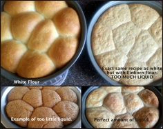 instructions for making bread in pans on the stove top and bottom, with pictures showing how to bake them