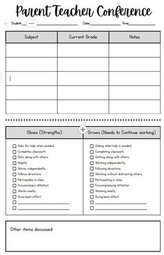 Facilitate productive and insightful parent-teacher conferences with our comprehensive Parent-Teacher Conference Form! This thoughtfully designed document provides an organized space to communicate essential information, making conferences a collaborative and informative experience. The form includes dedicated sections for current grades, highlighting student accomplishments (Glows), identifying areas for improvement (Grows), and open space for additional notes. This user-friendly template ensur Elementary Parent Teacher Conferences, Parent Documentation Form, Parent Teacher Conference Glows And Grows, Parent Conference Forms Free, Parent Teacher Documentation Form, Parent Teacher Conference Notes, Parent Teacher Partnership, Teacher Documentation, Parent Teacher Conference Forms