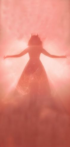 a woman standing in the clouds with her arms spread out and hands behind her back