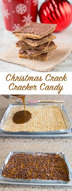 christmas cracker candy is being poured onto the trays and placed on top of each other