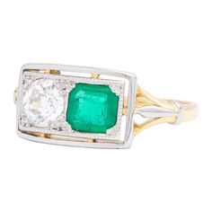 This petite ring which is crafted from 18 karat yellow and white gold has been set with an emerald and a diamond and is known as a 'toi et moi' ring. The piece which dates to the Art Deco period features a single brilliant old cut diamond of F/G colour and VS clarity weighing 0.50 carat and is paired alongside an octagonal cut 'good green' emerald also weighing 0.50 carat. This style is often commonly referred to as 'toi et moi' which in English means 'you and me' because the piece features two stones which sit alongside each other, much like a romance. This ring is a really beautiful piece of petite Art Deco jewellery and would make for a lovely engagement ring with a point of difference. Marked - unmarked but acid tested as 18 karat Ring size - 52/M Total diamond weight - 0.50 carat Tota Classic Green Emerald Ring With Single Cut Diamonds, Classic Green Diamond Ring With Single Cut Diamonds, Classic Green Rings With Single Cut Diamonds, Heirloom Green Diamond Ring With Single Cut Diamonds, Green Diamond Ring With Single Cut Diamonds For Anniversary, Petite Ring, Zierlicher Ring, Art Deco Period, Deco Jewelry