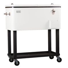 a white cooler sitting on top of a black stand with wheels and handles to hold it's contents