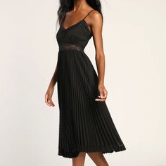 You've Got To Fall In Love With The Lulus Dot Your Love Black Lace Pleated Midi Dress! Lightweight Woven Fabric, With Clipped Dots Throughout, Shapes This Dreamy Dress That Has Adjustable Spaghetti Straps And A Lace-Trimmed V-Neckline. The Fitted Bodice Tops A Sheer Lace Empire Waist And A Pleated Midi Skirt. Hidden Side Zipper/Clasp. Lined. Shell: 100% Polyester. Contrast: 97% Polyester. 3% Spandex. Lining: 100% Rayon. Hand Wash Cold. Do Not Bleach. Hang To Dry. Black Pleated Midi Dress For Date Night, Black Lace Midi Dress For Brunch, Black Midi Dress With Lace Trim For Brunch, Fitted Lace Pleated Midi Dress, Black Pleated Knee-length Midi Dress, Black Midi-length Lace Dress, Black Midi Dress With Smocked Back And V-neck, Black Lace V-neck Midi Dress, Bodice Top