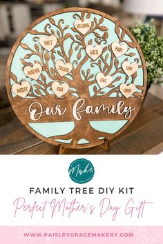 the family tree diy kit for mother's day is shown with text overlay