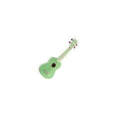 a green ukulele sitting on top of a white wall