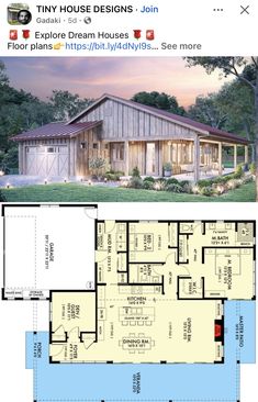 two story house plans with garage and living room on the first floor are shown in this image