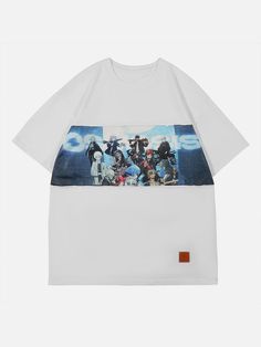 Anime Cartoon Print Tee - Anagoc Black Casual Sublimation T-shirt With Character Print, Casual Black Sublimation T-shirt With Character Print, White Anime T-shirt With Sublimation Print, White Anime T-shirt With Letter Print, White Harajuku T-shirt With Graffiti Print, Urban Style Character Print T-shirt For Summer, Techwear Style Graphic T-shirt For Streetwear, White Harajuku Top For Cosplay, Harajuku Style Short Sleeve Tops With Graffiti Print