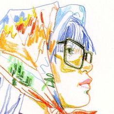 a drawing of a woman with glasses and a scarf over her head is shown in colored crayons