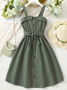 Army Green Casual Collar Sleeveless Fabric Plain Cami Embellished Non-Stretch  Girls Clothing 파티 드레스, Cute Dress Outfits, Everyday Fashion Outfits, Quick Outfits, Classy Casual Outfits, Easy Trendy Outfits, Simple Trendy Outfits, Really Cute Outfits