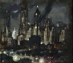 a painting of a city skyline at night