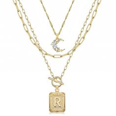 PRICES MAY VARY. Size: Letter R Necklace. The shortest chain length is 14 inches, the second longest chain length is 16 inches, the longest chain length is 18 inches; Material: Made of brass, plated with 14K white gold; Weight: 50 grams;Toggle clasp and lobster clasp Quantity: This package includes 3 paperclip chain layered initial necklace with exquisite packaging. All three chains are separate so you can do multiple combinations Meaning: Gold layered necklaces for women has initials printed on Star Choker, Dainty Initial Necklace, Paperclip Chain Necklace, Initial Necklaces, Layered Choker Necklace, Chain Necklace Gold, Letter Pendant Necklace, Gold Jewelry Necklace, Gold Necklace Women