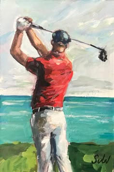 a painting of a man playing golf in front of the ocean on a sunny day