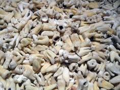 a pile of mushrooms that are on top of a table with white stuff all over them