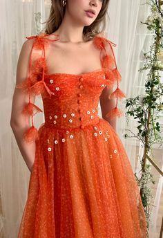 Matoshi Dress, Cookie Wedding, Embroidered Daisies, Timeless Glamour, Orange Midi Dress, Cloth Design, Back Neck Designs