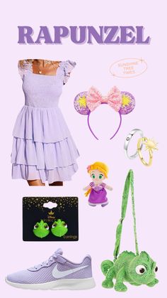 various items are arranged in the shape of a mouse, princess ears, and dress