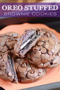 chocolate oreo stuffed brownie cookies on an orange plate with the title above it