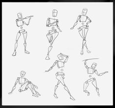 some cartoon character poses drawn in black and white