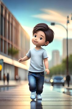 an animated boy walking down the street