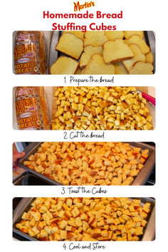 instructions for making homemade bread stuffing cubes in the oven and baking them into small batches