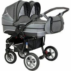 a stroller with two baby seats on the wheels and one is in grey color