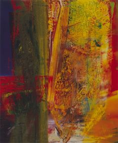 an abstract painting with yellow, red and green colors